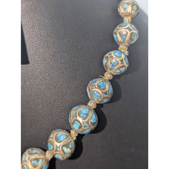 Antique Hand Made Ethnic Turquoise Inlay Non-Magnetic Graduated Bead Necklace - Picture 6 of 12